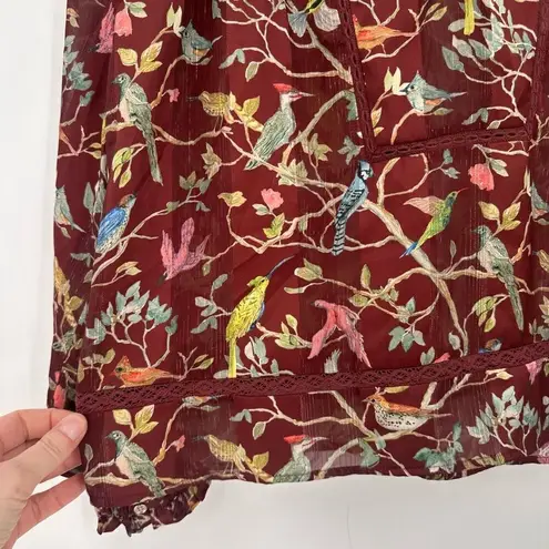 J. Crew Point Sur Ruffle Neck Popover Top Blouse Menagerie Bird Print Small Brown