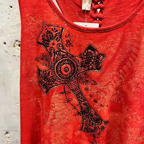 Only Sky Vintage Y2K Red Grunge Cross Graohic Braid Detail Tank Top Large L 00s