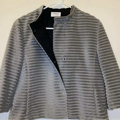 Akris Punto NEW Velvet Textured Faux Fur 3/4 Sleeve Jacket Stone Gray Sz 10