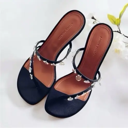 Amina Muaddi Tina Crystal Charm Sandal Satin Black Pendants Heels