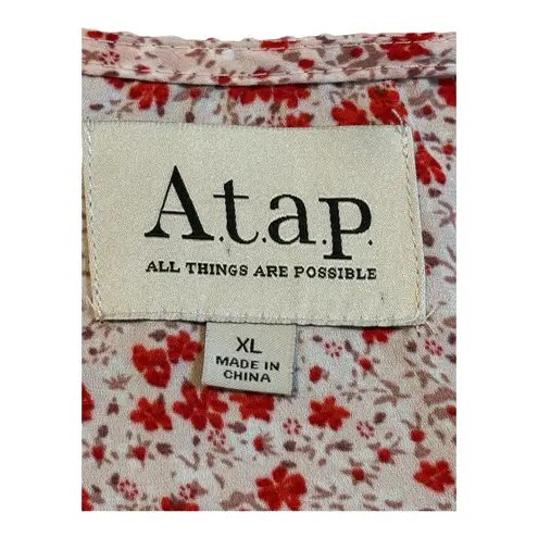 Atap Floral Smocked Tie Front Top Blouse Red White Short Sleeve Ruffle Size XL