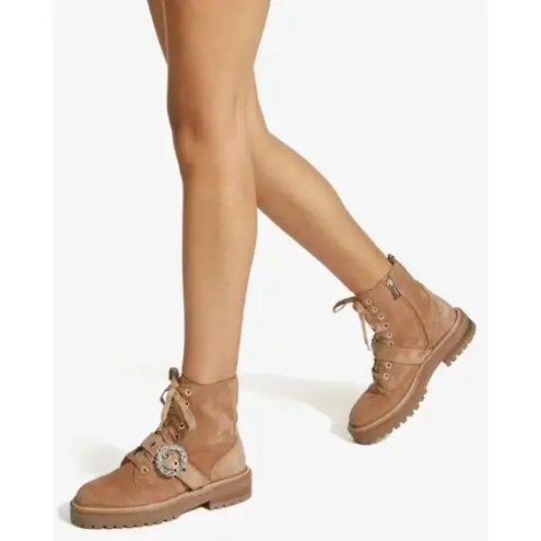 Jimmy Choo Cora Suede Tan Combat Moto Boots