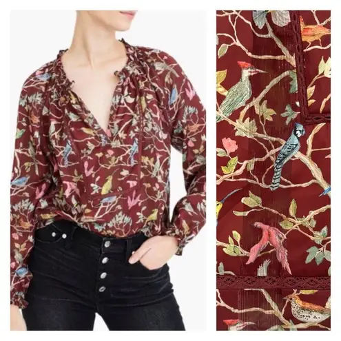 J. Crew Point Sur Ruffle Neck Popover Top Blouse Menagerie Bird Print Small Brown
