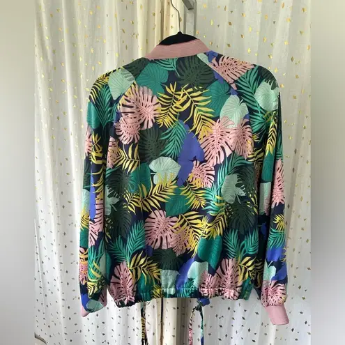 ZARA  Tropical Monstera Palm Leaves Elastic Trim Satin Bomber Jacket Pockets M