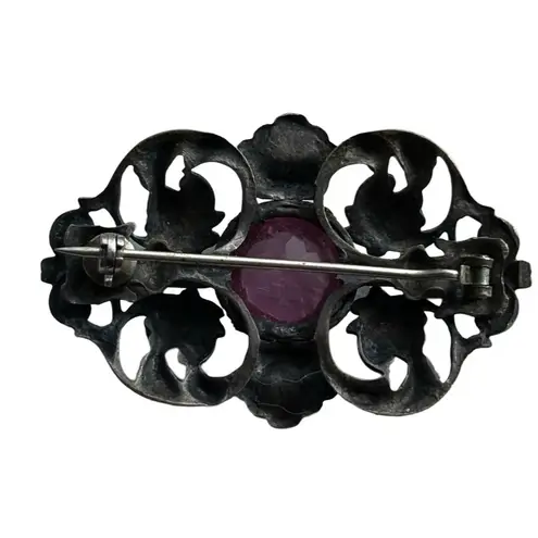 Antique Victorian Paste Brooch Gothic Revival Dark Patina Metal Pink
