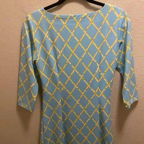 J. McLaughlin Blue Catalina Cloth Bamboo Print Ruched 3/4 Sleeve Dress Size S