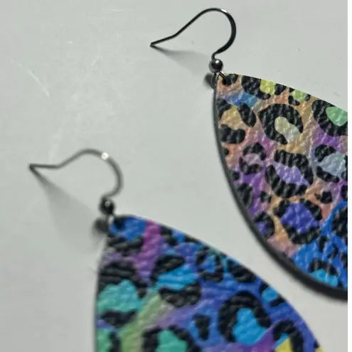 Handmade Genuine Leather Colorful Animal Leopard Print Teardrop Earrings 2"