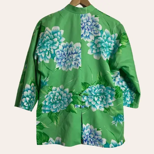 70’s Vintage Polynesian Casuals Green Floral Print Kimono Jacket Blouse Size 10