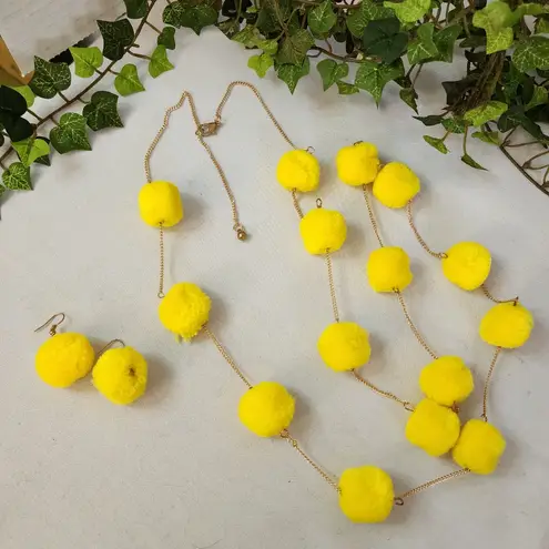 Lemon Yellow Color Pompom on Gold Chain Necklace Earrings Set