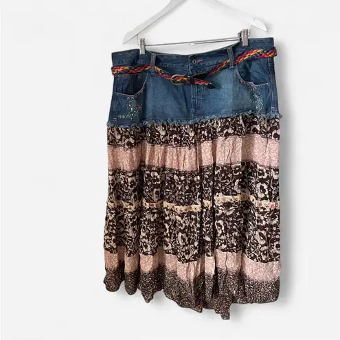 Squeeze Vintage 90s Mixed Media Denim Jean Flowy Midi Skirt Blue Size undefined