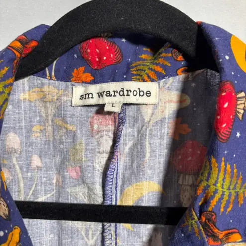SM Wardrobe Blue Mushroom Moon Moth Novelty Print Button Up Shirt Dress Woodsy L Size L