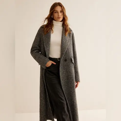 COMMENSE Essential Versatile Long Trench Coat Grey Herringbone XS Oversized NWT Black