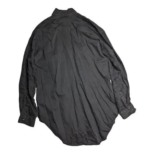 Vtg 1980s Bis by Gene Ewing Black Cotton Poplin Eyelet Sleeve Snap Up Top 1 1X