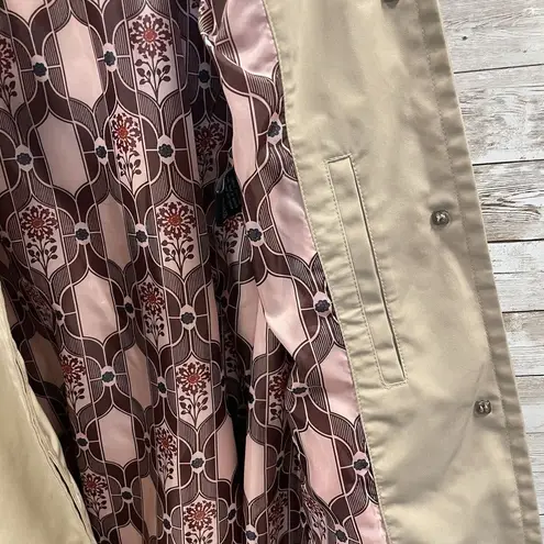 London Fog Vintage Women's XL Tan Mid Trench Coat w/ Belt Pink Silky Lined Print