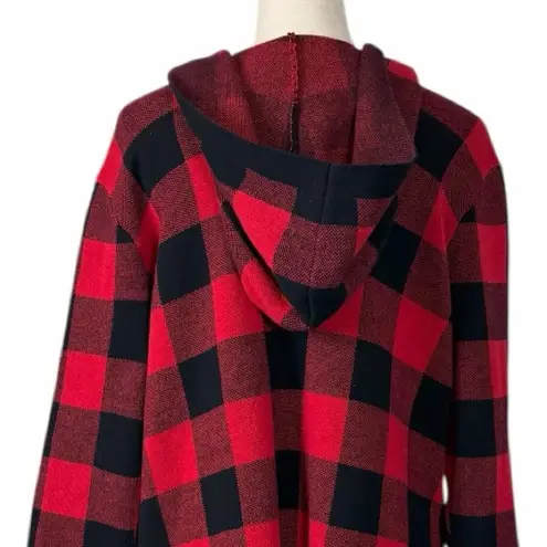 Denim & Co. Women’s Large Petite Red Black Buffalo Plaid Hooded Cardigan Sweater Size undefined