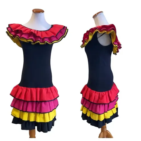 Vintage 80s Ruffle Fiesta Dress Colorblock Tiered Mini Carmen Miranda Vibes Black Size 4