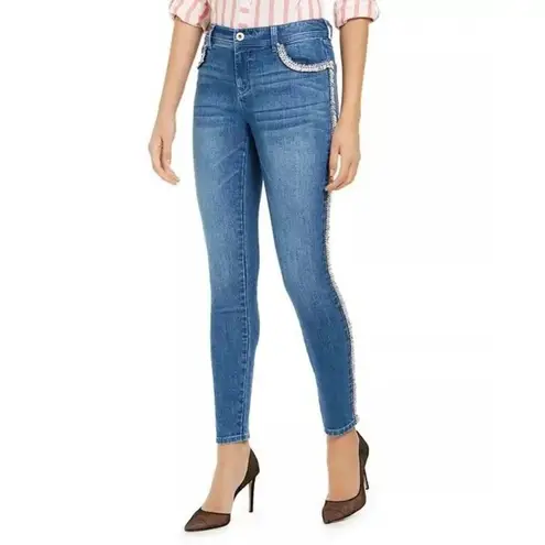 INC International Concepts Skinny Jeans Tweed Fringe Side Mid Rise Size 0 NWT Blue