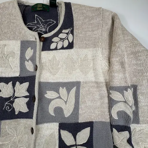 Orvis Vtg Womens Patchwork Leaf Cardigan Sweater L Gray Button Front Knit Y2K