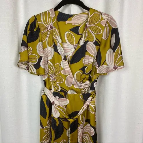 Hutch Anthropologie Mustard Yellow Floral Wrap Midi Dress Sz.XS