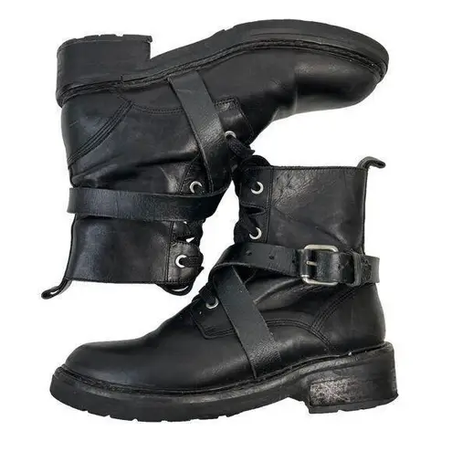 All Saints Size 36 5 Combat Boots Black Leather Criss Cross Buckle Strap READ