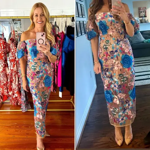 Milly Nira Floral Embroidered Off-Shoulder Midi Dress Size 2 NWT