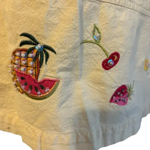 Jane Ashley Woman Shift Dress Butter Yellow Fruit Applique Beads 2X Vtg Artsy