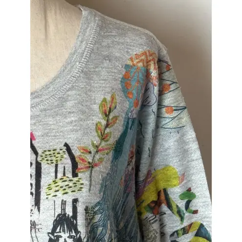 Inoah Shirt Women Medium Gray Artsy Paris Long Sleeve Asymmetric Hem Top Boho