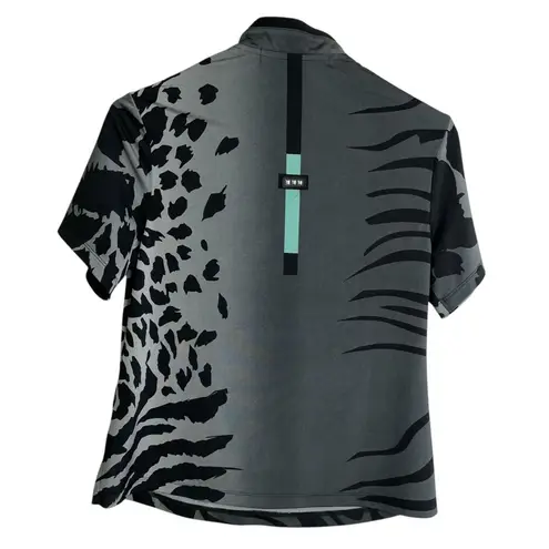 Jamie Sadock Womens XS Short Sleeve Top Grey Animal Print Green Signed 1/4 Zip Gray
