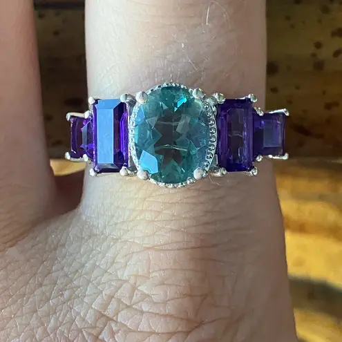 Teal Color Changing Fluorite Amethyst Art Deco Ring Size 8 Silver