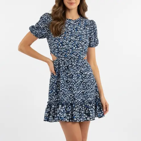 French Connection  Floral Cutout Ruffle Dress Navy Blue XS 4 Puff Sleeve