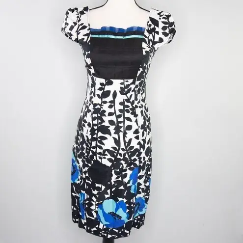 Vintage floral print black white, square neck, bubble short sleeve sheath dress Size XXS