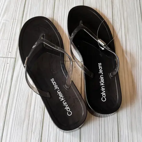 Calvin Klein Jeans Women's Black and Clear Logo Flip Flops Sz 8