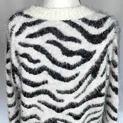 Hooked Up New Zebra Striped Fuzzy Knit Crewneck Sweater White Black