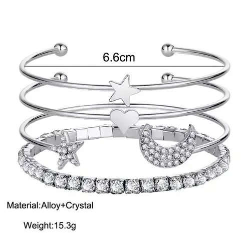 Boutique Silver Bangle Bracelet Set Crystal Star Moon Heart Charm Stackable Jewelry