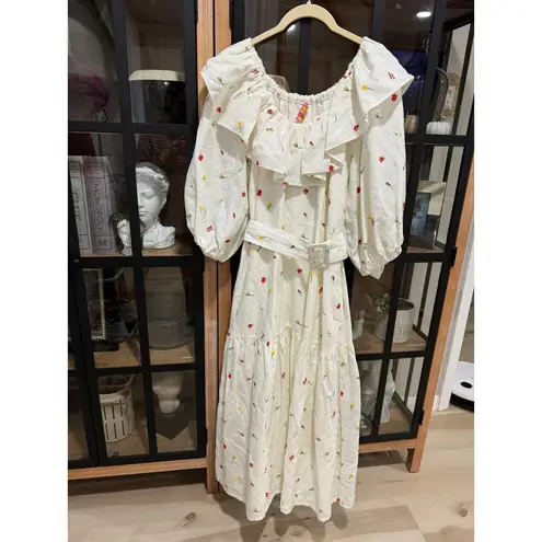 KITRI Imelda Midi Dress pockets belted linen puff sleeve square neck floral Red Size 8