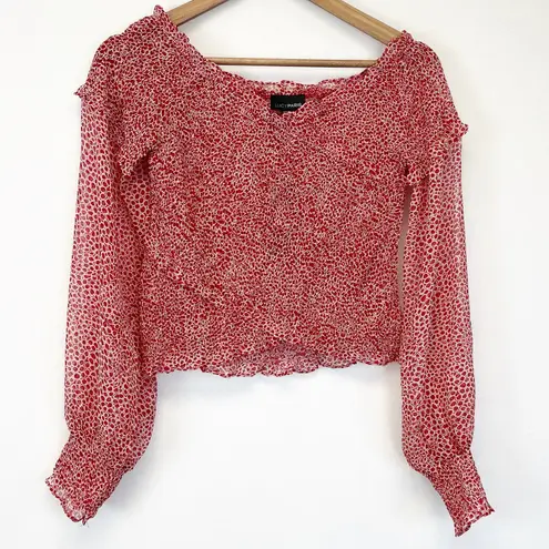 Lucy Paris Womens M Cynthia Smocked Top Red White Cropped Long Sleeve Boho