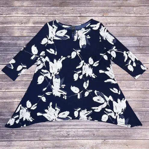 Clara Sun Woo Blue White Floral Leaves Keyhole Boat Neck 3/4 Sleeve Sharkbite L Size L