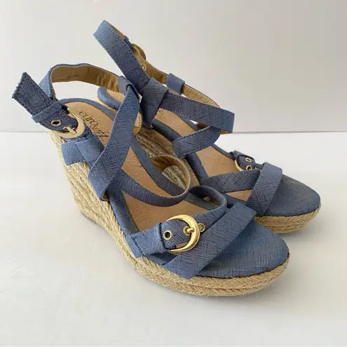 Eurosoft by Sofft Stacked Wedge Espadrille Blue Strappy Sandals Size 8