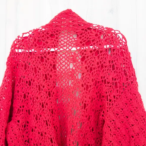 VTG Womens Crochet Cardigan Size XL Red Handmade Boho Retro Cottage Romantic