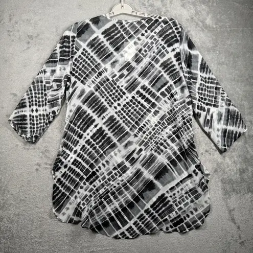 Susan Graver Blouse 8 Beaded Tunic Black White Print Shimmer Chic Embellished