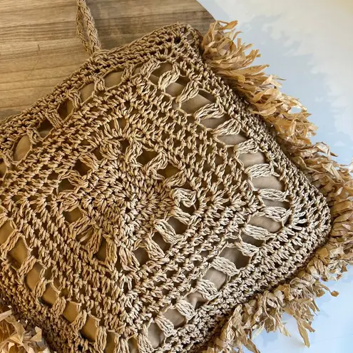 MW Tan Natural Fiber Straw Fringe Raffa Crochet Square Tote Shoulder Bag