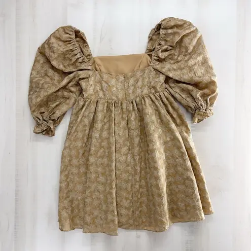 Storia  lace floral puff sleeve mini dress yellow gold wedding event S boutique