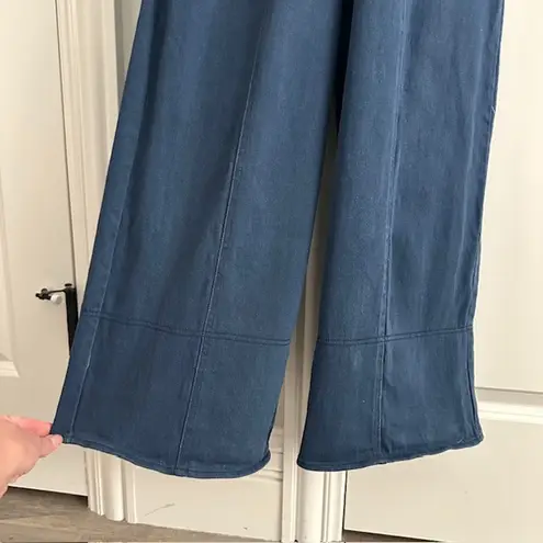 En Saison Puff Sleeve Belted Denim Wide Leg Jumpsuit Medium Blue