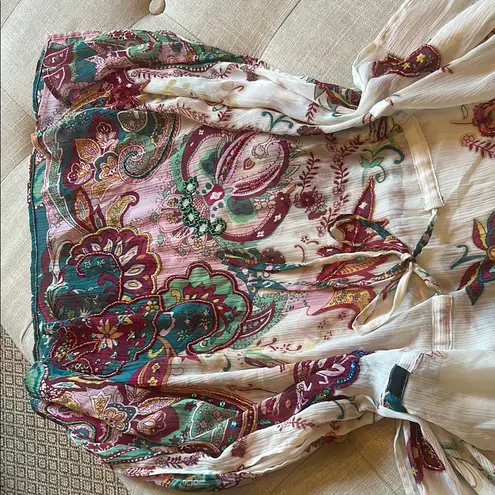 Rhona Sutton Creme Floral Beaded Sequenced Printed Swim Cover Up Tie Waist Red