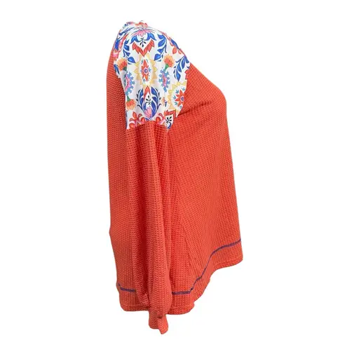 Southern Stitch Orange Waffle Knit Floral Patchwork Long Sleeve Top Size L