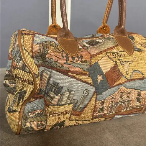 Unique Texas Themed Purse Handbag Tapestry Fabric Leather Handles and Trim Brown