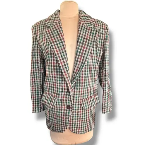 Vintage Wool Houndstooth Plaid Blazer Brown Suede Elbow Patch Oversized Small Tan