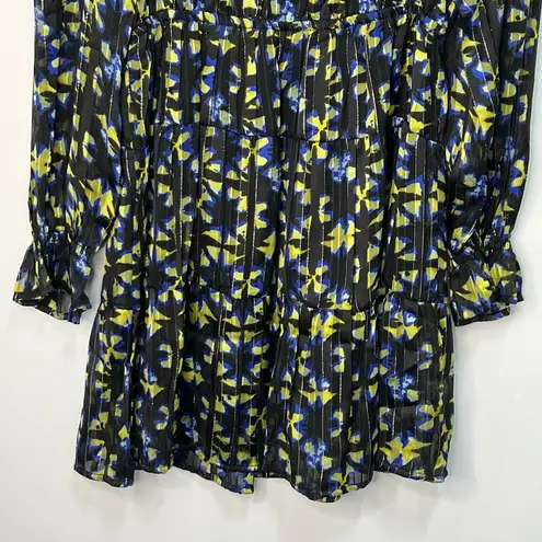 Elan Medium Tiered Elastic Waist Mini Dress Blue Black Abstract Flowy NWT Indie