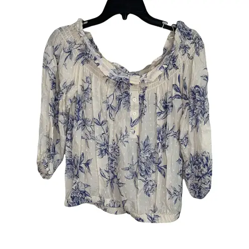 Socialite  ivory blue flor off shoulder long sleeve blouse size Medium‎ NWT