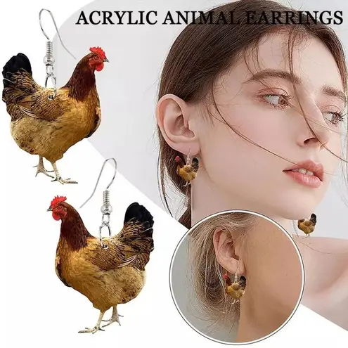 Rooster Earrings Chicken Farm Animal Eggs Pet New Hens Farmer Foul Chick Brown